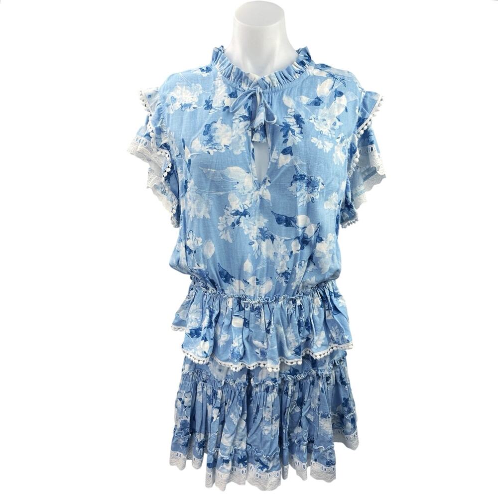Misa Lilian Blue White Floral Ruffle Embroidered Tiered Mini Blouson Dress Sz L